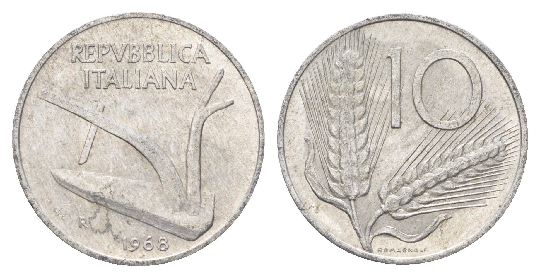 Италия 10 лир 1968 R, плуг, колосья KM 93 алюминий 4704-536