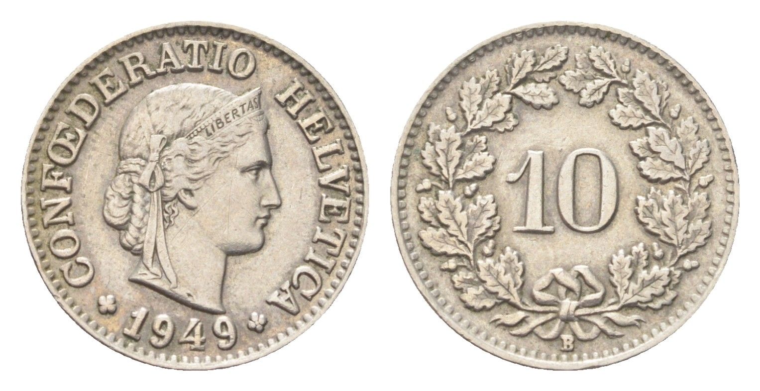 Швейцария 10 раппенов 1949 B KM 27 медно-никель 4705-853