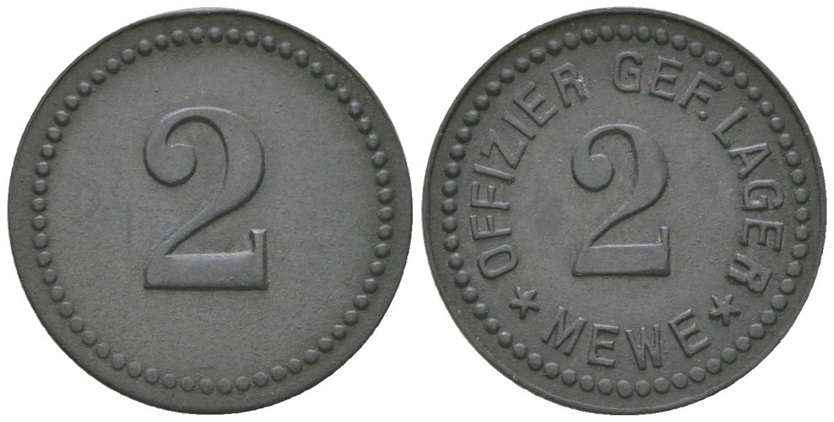 Меве (Померания) 2 пфеннига ND лагерь для военнопленных офицеров Men05 16734.2, Men18 21000.2 цинк 4617-869