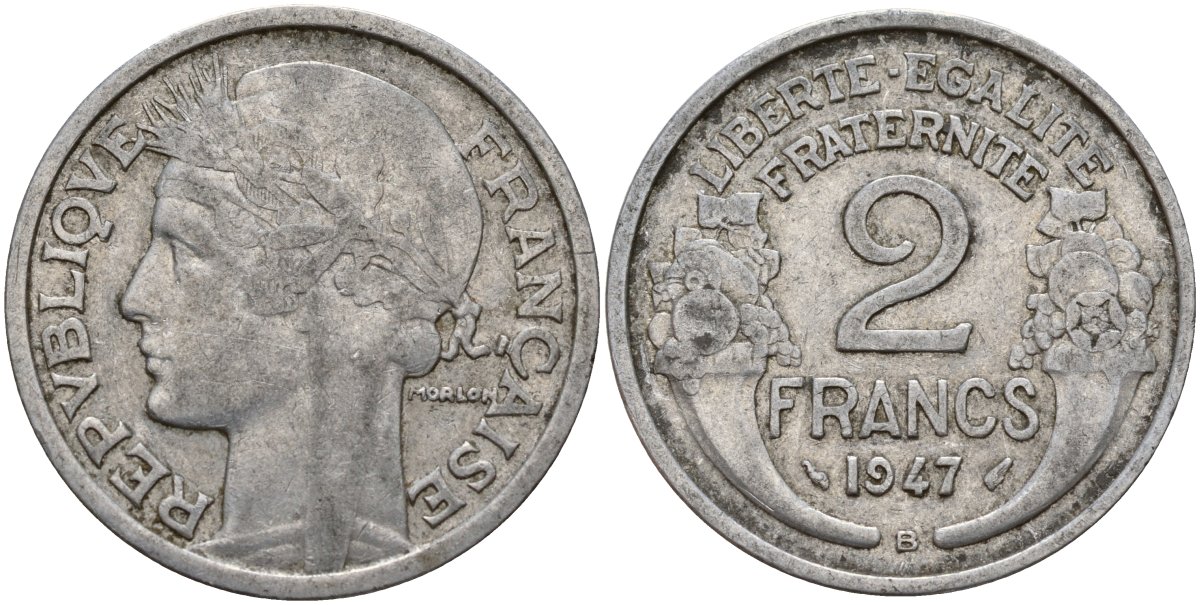Франция 2 франка 1947 KM 886a алюминий 4187-1016