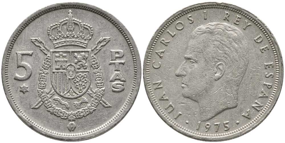 Испания 5 песет 1975 (76) Хуан Карлос I (1975-2014) KM 807 медно-никель 110-953
