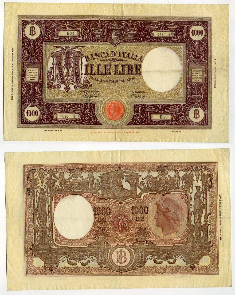 Италия 1000 лир 6 марта 1944 Pick 72a, 451-286-1