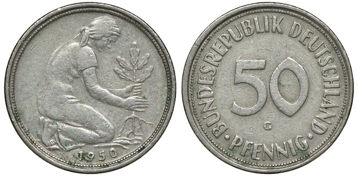 ФРГ 50 ПФЕННИГОВ 1950 G KM 109.1, J. 384 медно-никель 72-724