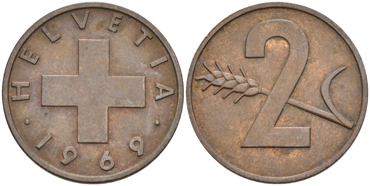 Швейцария 2 раппена 1969 KM 47 бронза 4592-543