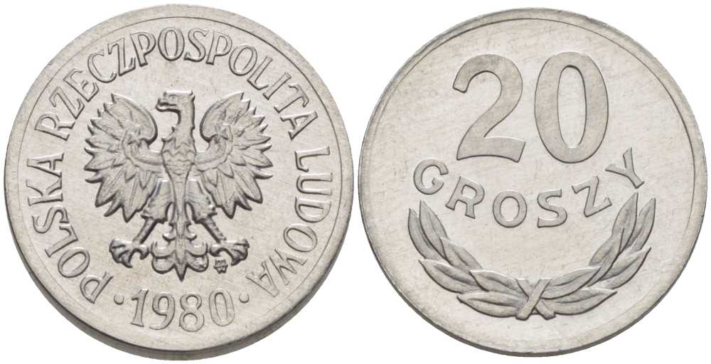 ПОЛЬША 20 ГРОШЕЙ 1980 MW KM А47 алюминий UNC 201-467