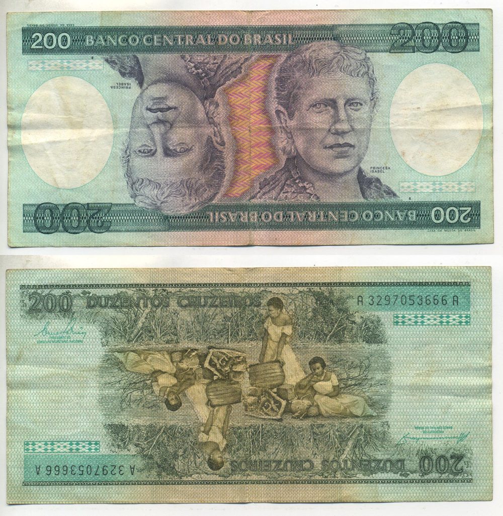 БРАЗИЛИЯ 200 КРУЗЕЙРО 1984 ПОДПИСЬ 21, СЕРИЯ А 3297, ПРИНЦЕССА ИЗАБЕЛА Pick 199b бумага 7547-94-2