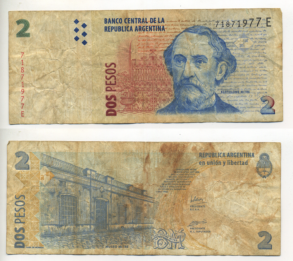 АРГЕНТИНА 2 ПЕСО 2002 СЕРИЯ Е 71871, БАРТОЛОМЕО МИТРЕ Pick 352 бумага 7548-8-2