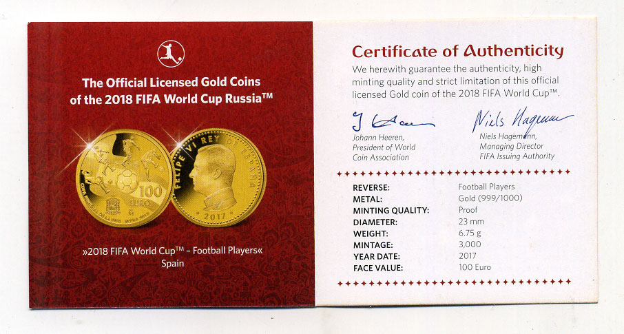Испания 100 евро 2017 чемпионат мира по футболу в России KM NEW золото PROOF 10-014-14