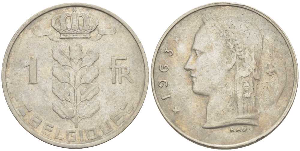 Бельгия 1 франк 1963 Belgique, Бодуэн I (1951-1993) KM 142.1 медно-никель 213-515