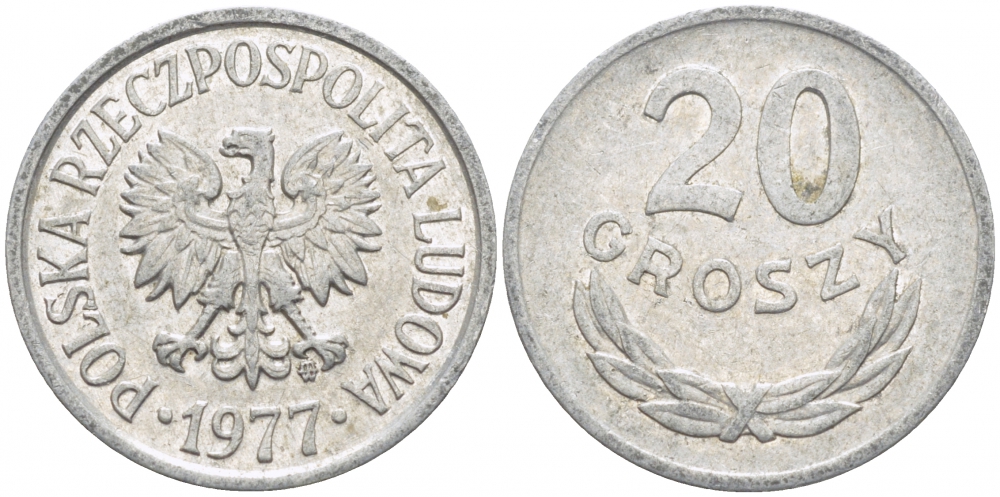 ПОЛЬША 20 ГРОШЕЙ 1977 MW KM А47 алюминий 4448-824