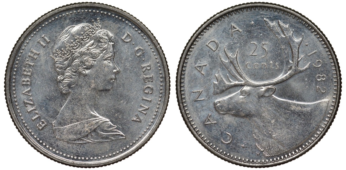 Канада 25 центов 1982 Елизавета II (1952-2022), олень карибу, второй портрет в короне KM 74 никель 4128-654