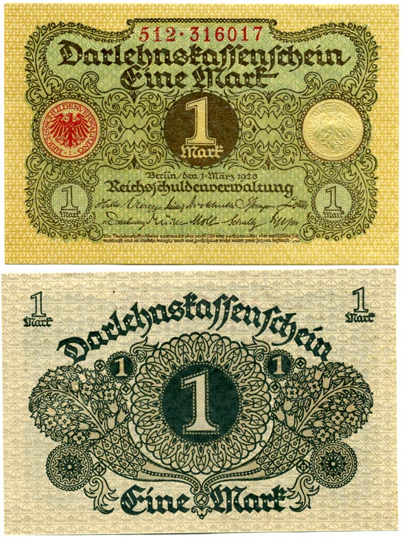 ГЕРМАНИЯ 1 МАРКА 1920 1 МАРТА 1920, ВЕЙМАРСКАЯ РЕСПУБЛИКА Pick 58 бумага аUNC 7548-49-1-2