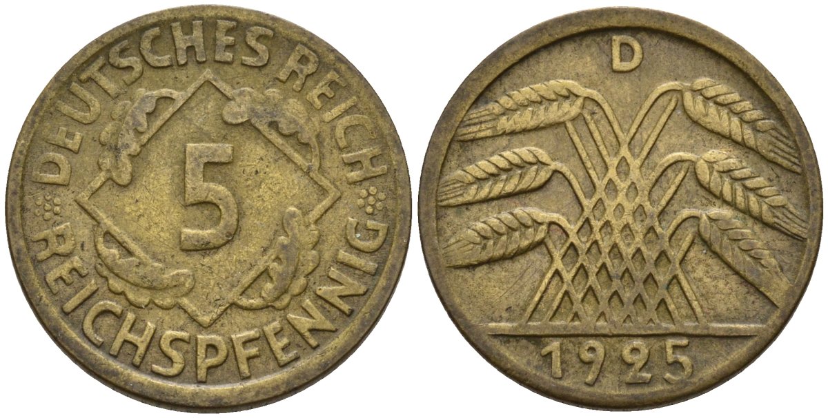 Германия 5 рейхспфеннигов 1925 D KM 39, J. 316 алюминиевая бронза 4151-726
