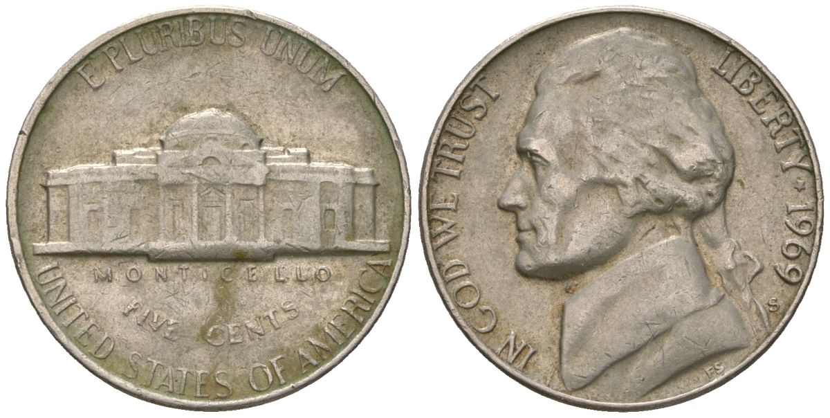 США 5 центов 1969 S (Сан-Франциско) KM A192 медно-никель 4592-324