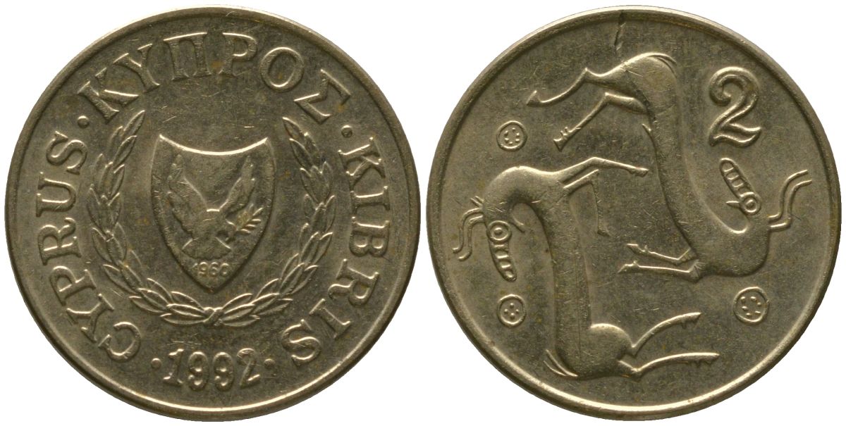 Кипр 2 цента 1992 KM 54.3 никель латунь 4158-437
