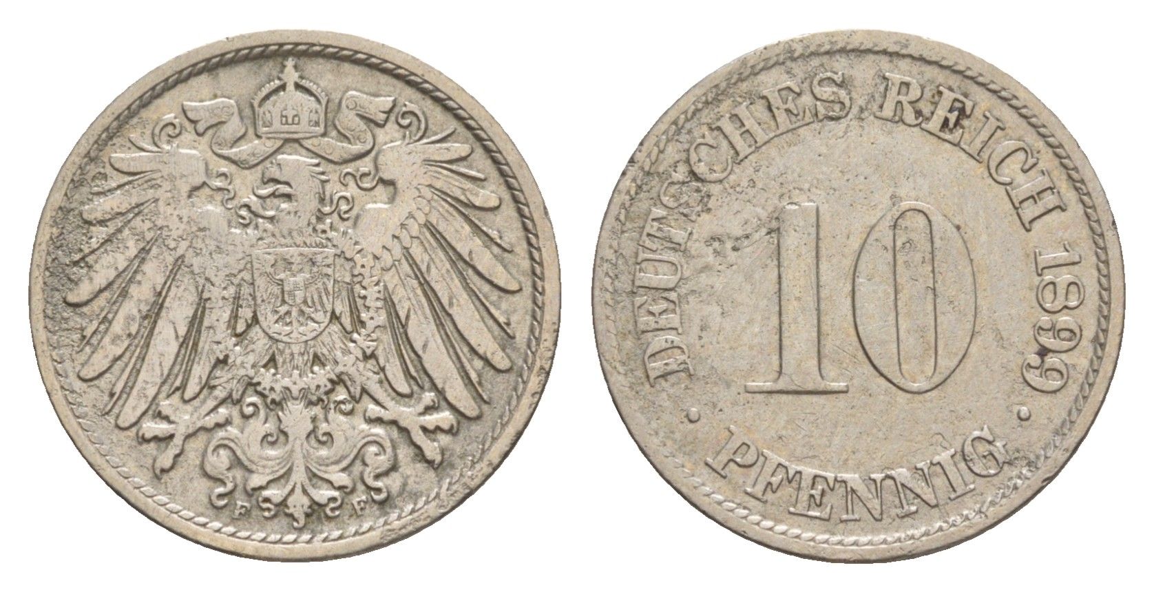 Германия 10 пфеннигов 1899 F, Вильгельм II (1888-1918) KM 12, J. 13 медно-никель 4640-243
