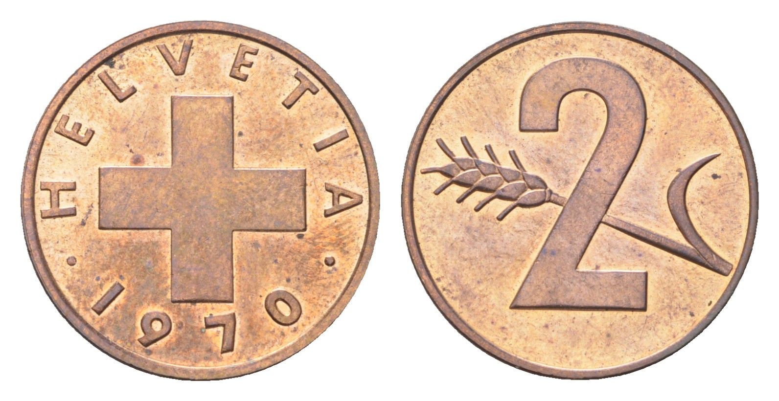 Швейцария 2 раппена 1970 KM 47 бронза UNC 4705-1216