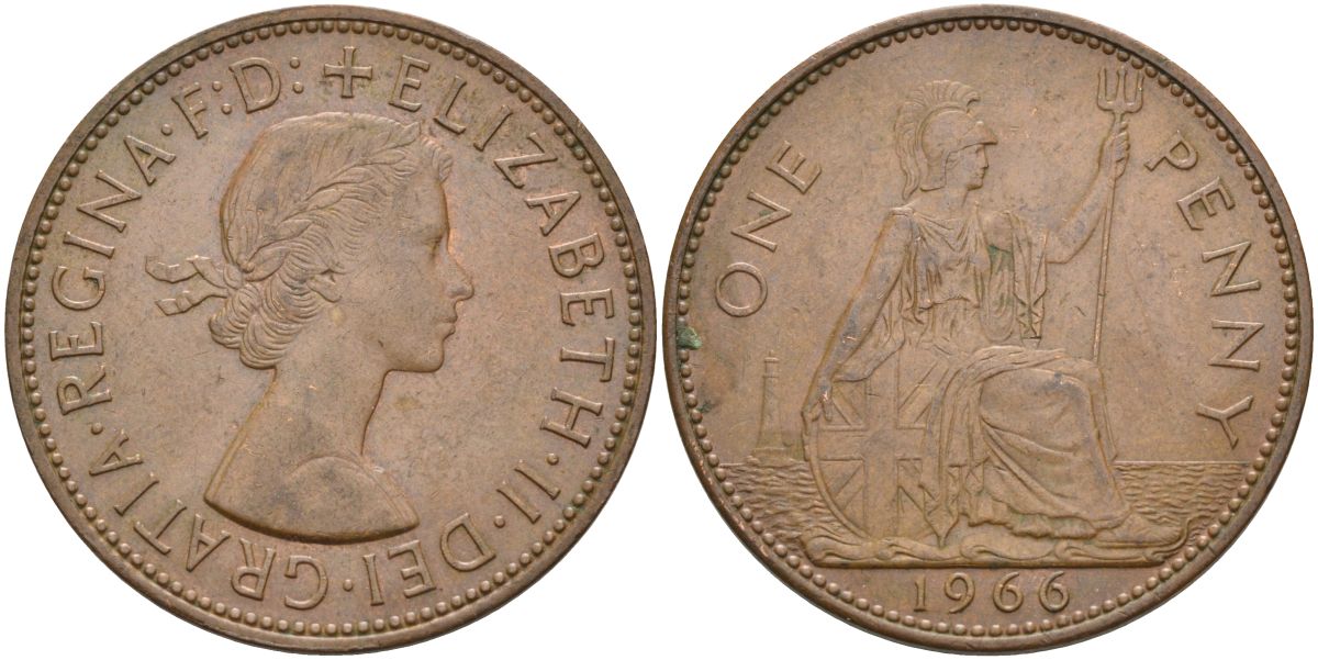 Великобритания 1 пенни 1966 Елизавета II (1952-2022) KM 897, Spink 4157 бронза 4117-621