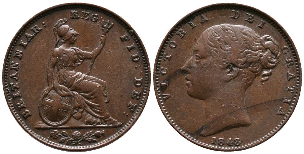 Великобритания 1 фартинг 1848 Виктория (1837-1901) KM 725, Spink 3950 медь  1518-1034