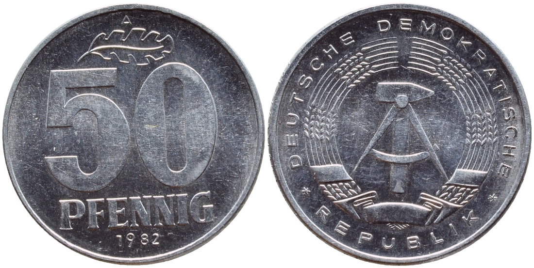 ГДР 50 ПФЕННИГОВ 1982 А KM 12.2 алюминий UNC 4391-355