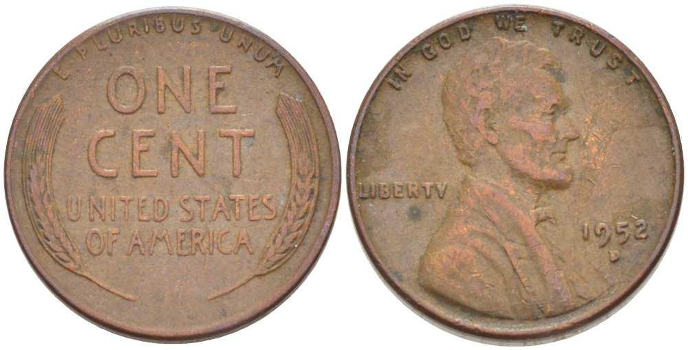 США 1 ЦЕНТ 1952 D, ЛИНКОЛЬН KM А132 медь цинк 3309-814