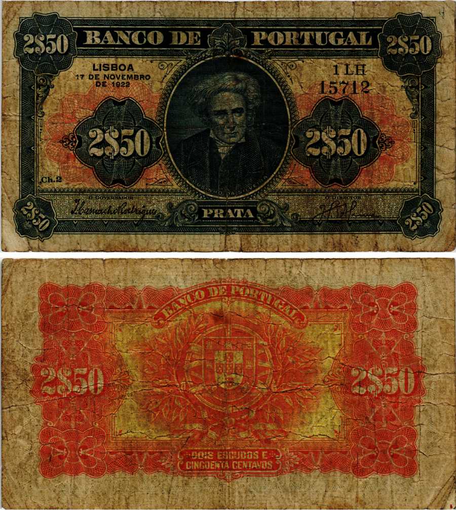 Португалия 2 1/2 эскудо 1922 Педру Иву Велозу да Силвейра, бразильский революционер Pick 127 (5)  бумага   451-274-1