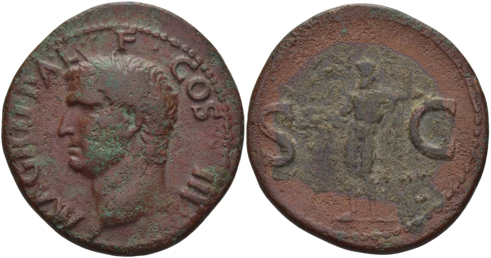 Римская Империя асс 37 - 41 Марк Агриппа M AGRIPPA LF COS III Рим Very fine (Монета отчеканена императором Калигулой в честь Марка Агриппы), 10,59 гр RIC 58 медь 1073-1-4-5