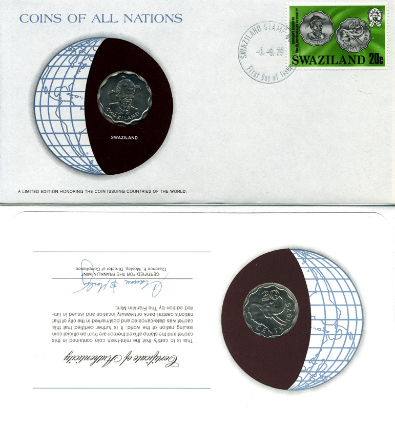 СВАЗИЛЕНД 20 ЦЕНТОВ 1975 конверт с маркой первого дня гашения, Coins of Nations KM 11 медно-никель UNC 4294-20-2