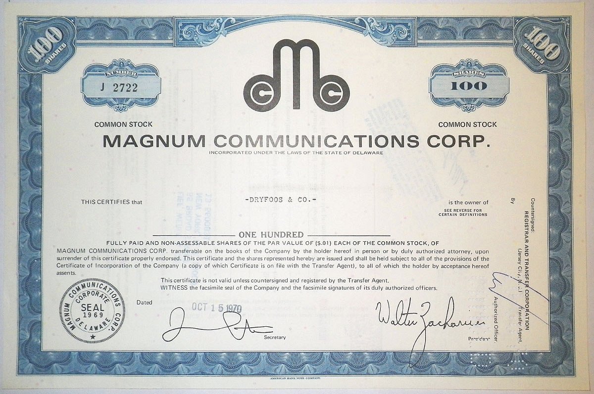 США, MAGNUM COMMUNICATIONS CORP. 100 АКЦИЙ 1970 США бумага 00-00