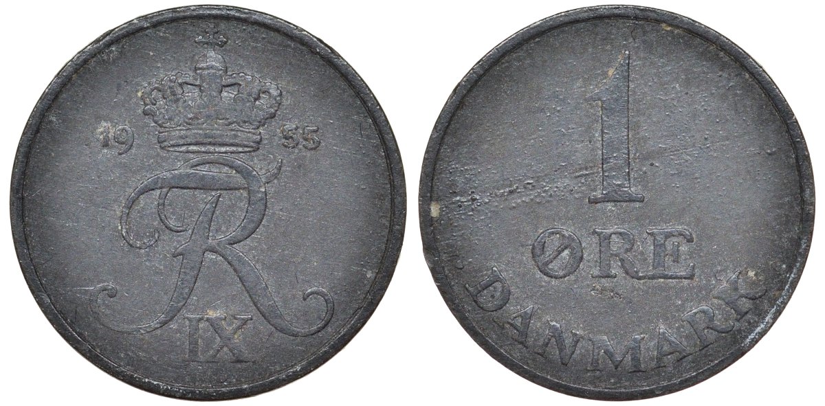 Дания 1 эре 1955 Фредерик IX (1947-1972) KM 839 цинк 4174-163