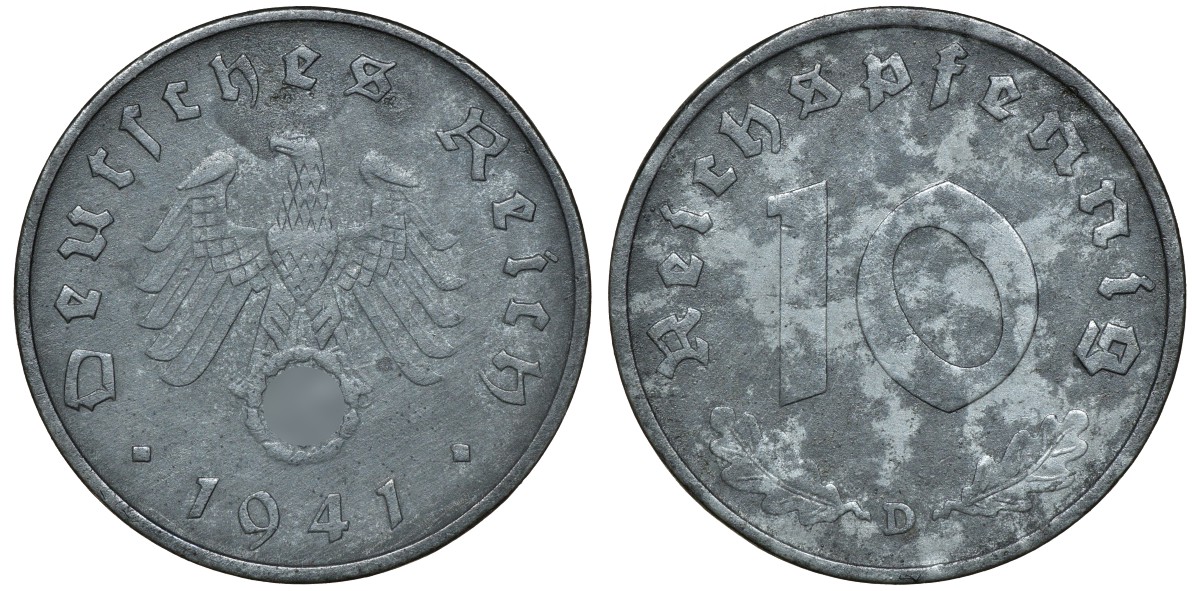 ГЕРМАНИЯ 10 РЕЙХСПФЕННИГОВ 1941 D J. 371, KM 101 цинк 72-1431