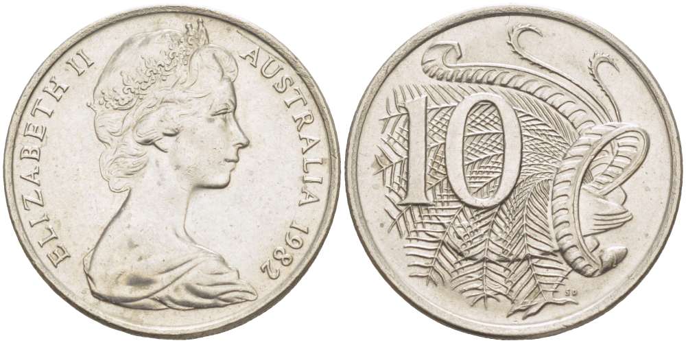 Австралия 10 центов 1982 Елизавета II (1952-), птица лирахвост KM 65 медно-никель 4519-425