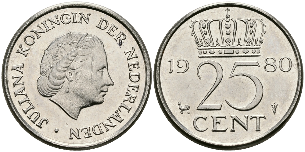 НИДЕРЛАНДЫ 25 ЦЕНТОВ 1980 ЮЛИАНА KM 183 никель 96-261