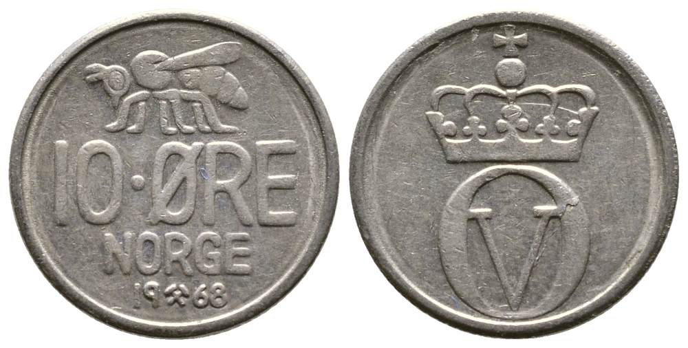 Норвегия 10 эре 1968 пчела, Улаф V (1958-1991) KM 411 медно-никель 220-454