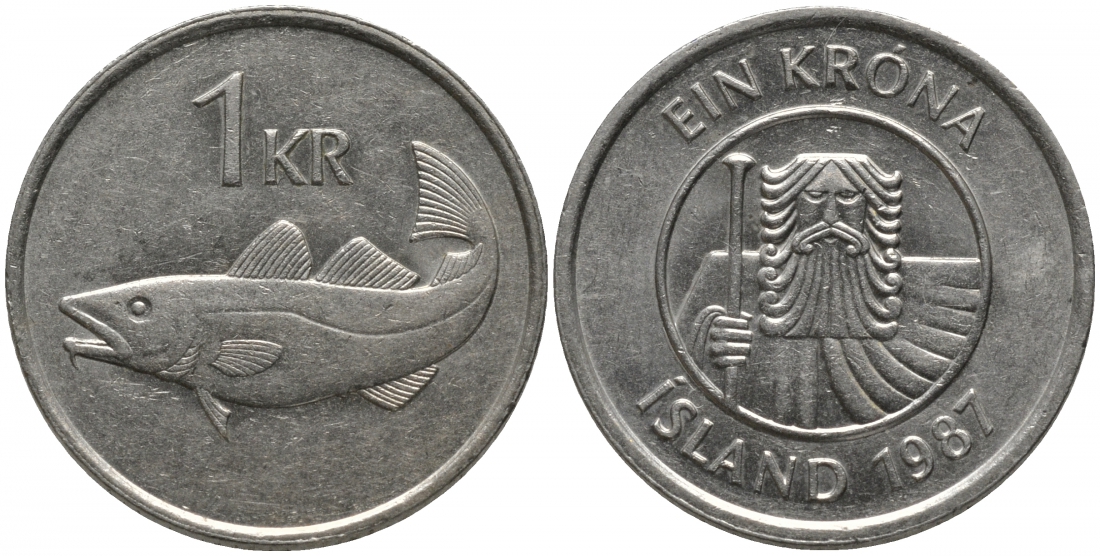 Исландия 1 крона 1987 треска KM 27 медно-никель 181-637