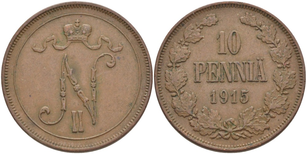 РОССИЯ ДЛЯ ФИНЛЯНДИИ 10 ПЕННИ 1915 НИКОЛАЙ II (1894-1917) KM 14, Биткин 438 медь 4536-844