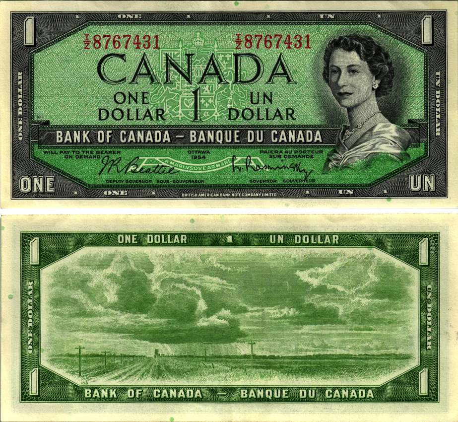 КАНАДА 1 ДОЛЛАР 1961-1972 ЕЛИЗАВЕТА II, ПОДПИСЬ BEATTIE-RASMINSKY, BABNC Pick 75b бумага XF 7221-57-2