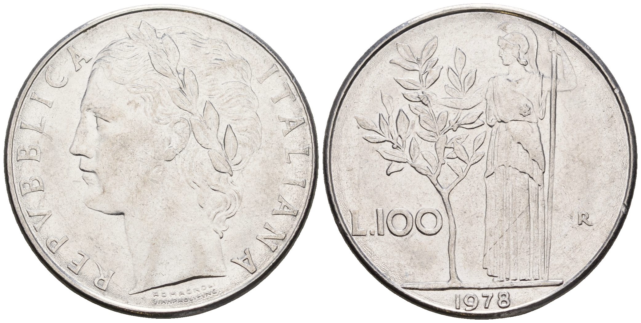 Италия 100 лир 1978 R, богиня Афина KM 96.1 нержавеющая сталь 259-153