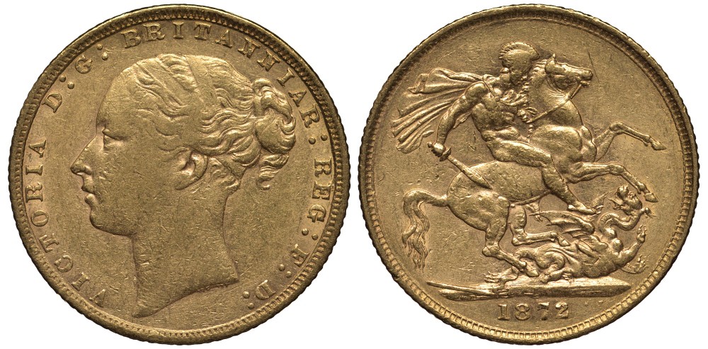 Великобритания соверен 1872 Виктория (1837-1901) Seaby 3856, KM 752, Friedberg 388 золото 00-000-00