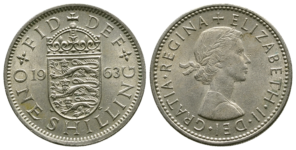 Великобритания 1 шиллинг 1963 Елизавета II (1952-2022), Английский герб KM 904, Spink 4147 медно-никель 4384-515