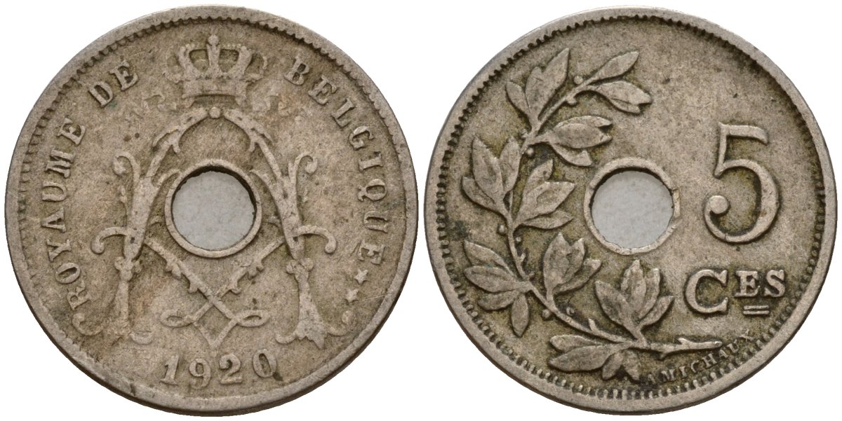 Бельгия 5 сантимов 1920 Belgique KM 66 медно-никель 4154-1046