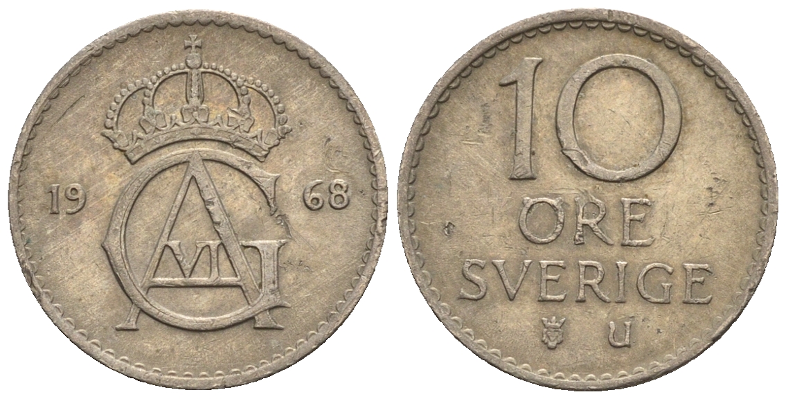 Швеция 10 эре 1968 Густав VI Адольф (1950-1973) KM 835 медно-никель 3309-649