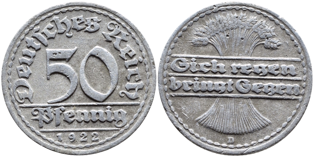 ГЕРМАНИЯ 50 ПФЕННИГОВ 1922 D KM 27, J. 301, Weege 10 алюминий 4390-845