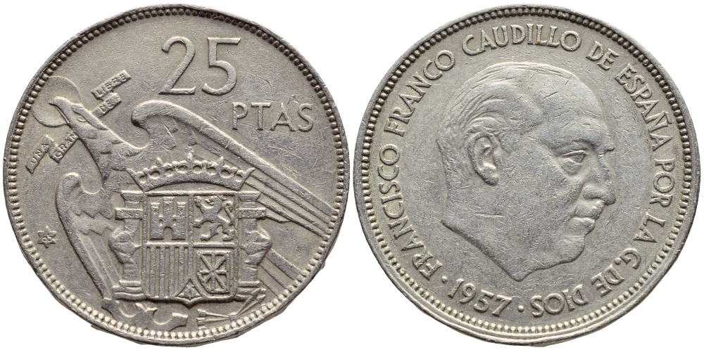 ИСПАНИЯ 25 ПЕСЕТ 1957 (65) ФРАНСИСКО ФРАНКО ДИКТАТОР ИСПАНИИ (1939-1975) KM 787 медно-никель 4394-1234