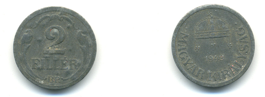 Венгрия 2 филлера 1943 ВР KM 519 цинк 83-1225