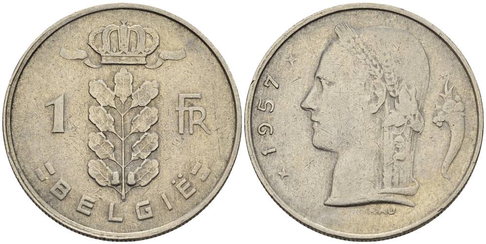 БЕЛЬГИЯ 1 ФРАНК 1957 BELGIE KM 143.1 медно-никель 4546-345