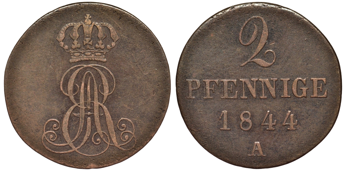 Ганновер 2 пфеннига 1844 A, Эрнст Август (1837-1851) KM 174.1, AKS 122, J. 55 медь 75-1756