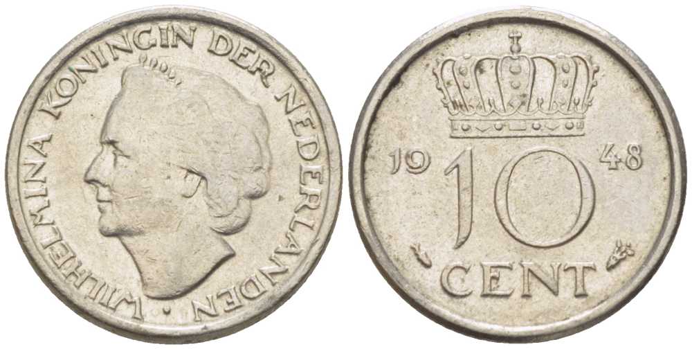 Нидерланды 10 центов 1948 Вильгельмина (1895-1948) KM 177 никель 214-1131