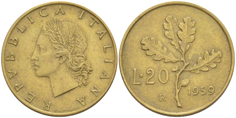 ИТАЛИЯ 20 ЛИР 1959 R, ДУБОВЫЕ ЛИСТЬЯ KM 97.1 алюминиевая бронза 4551-246