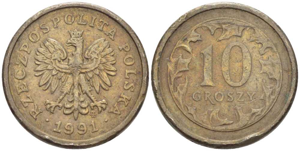 ПОЛЬША 10 ГРОШЕЙ 1991 MW KM 279 медно-никель 116-1112